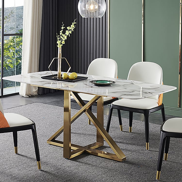 63" Sintered Stone Top Dining Table with Stainless Steel Base in Gold ...