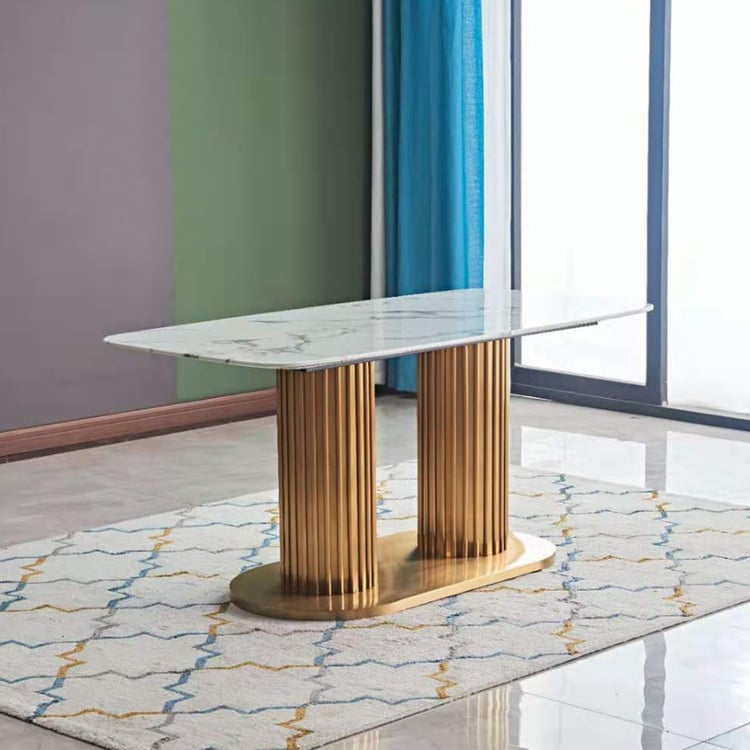 78.7" Modern Rectangle Dining Table with Pedestal in White & Gold｜Homary