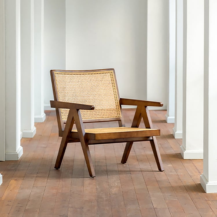 Walnut Contemporary Rattan Upholstered Accent Chair with Solid