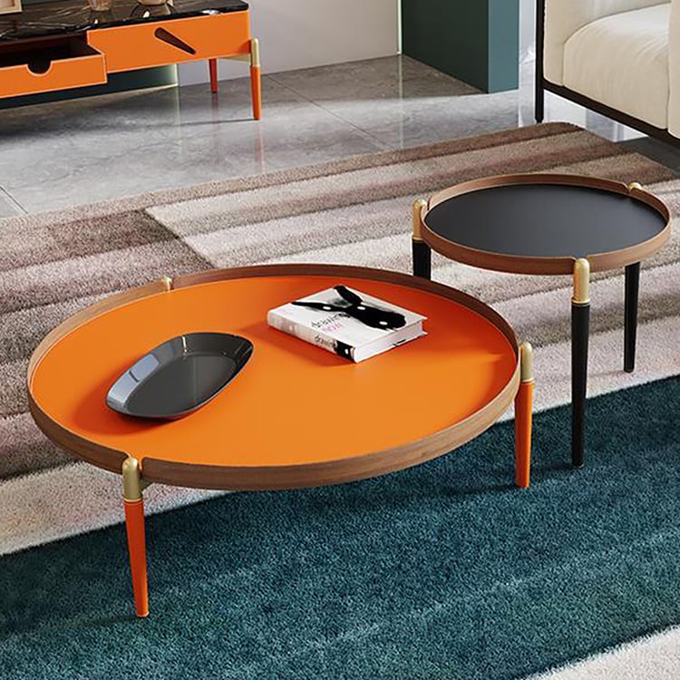 Schwarz-Orange-Tablett-Couchtisch-Set mit Sattelleder und Edelstahl｜Homary DE