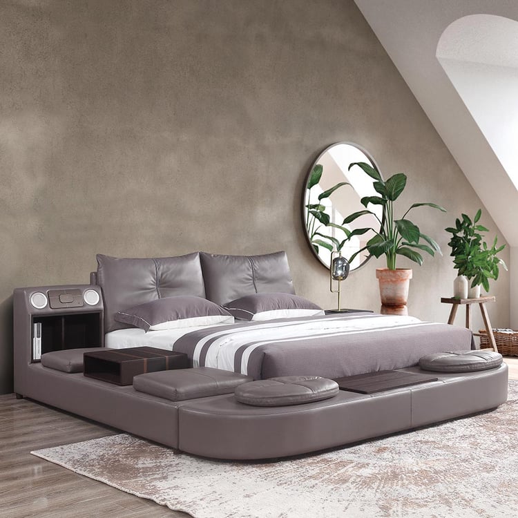 Grey Leather Upholstered Platform Bed Storage Bed with Bed Stool