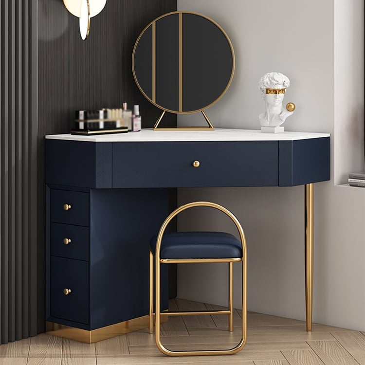 Corner Blue Modern Makeup Vanity Set with Drawers & Stool & MirrorHomary
