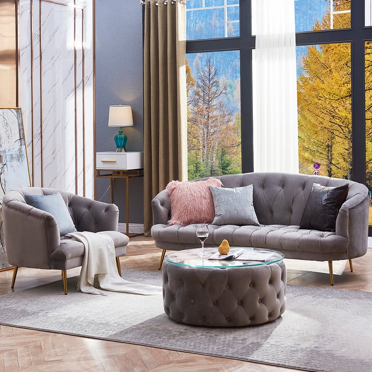 Classic Grey Velvet Living Room Set of Coffee Table with