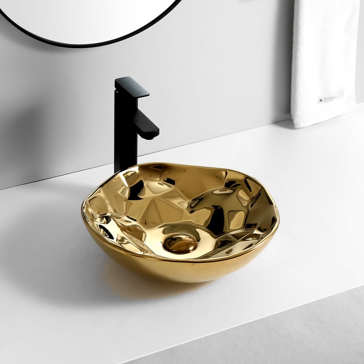 Vintage Style Flower Shape Vessel Sink Ceramic Wash Sink in Gold Color