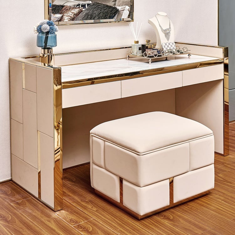 faux leather dressing table FUKAYI Saddle Leather Makeup Vanity Set with LED Mirror, 5 Drawers, Side Bag, White