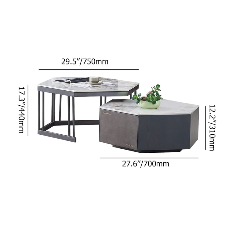 Modern Hexagon Nesting 2-Piece Sintered Stone Top Coffee Table Set