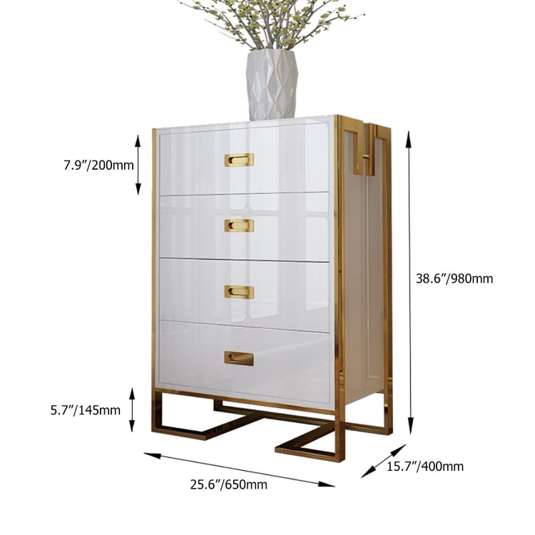 Modern White Cabinet Tempered Glass Top 4-Drawer Lacquered Chest in Gold Homary Modern White Cabinet Tempered Glass Top 4-Drawer Lacquered Chest in Gold Homary