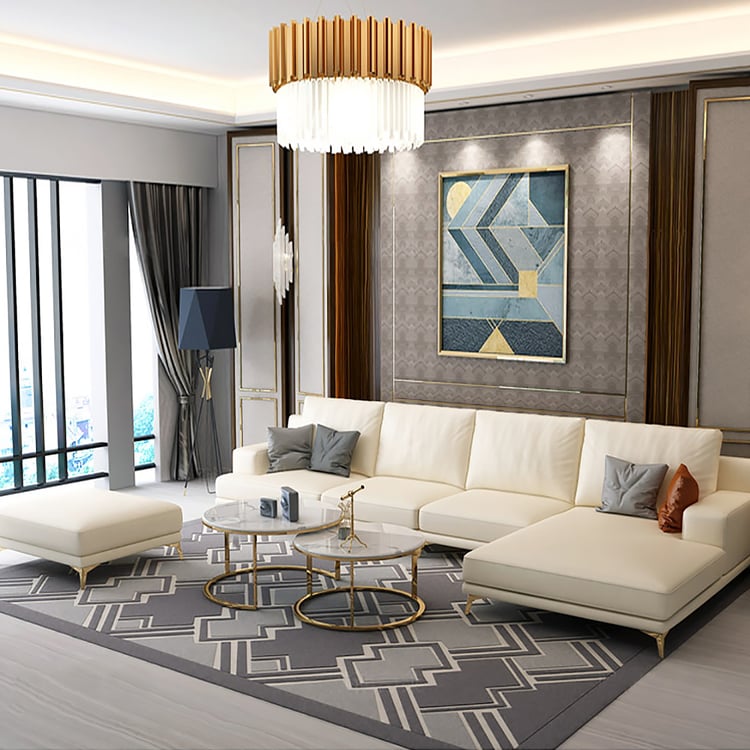 2-teiliges modernes Wohnzimmer-Set in Beige mit rechtem Chaiselon-Sofa und Ottomane|Homary DE