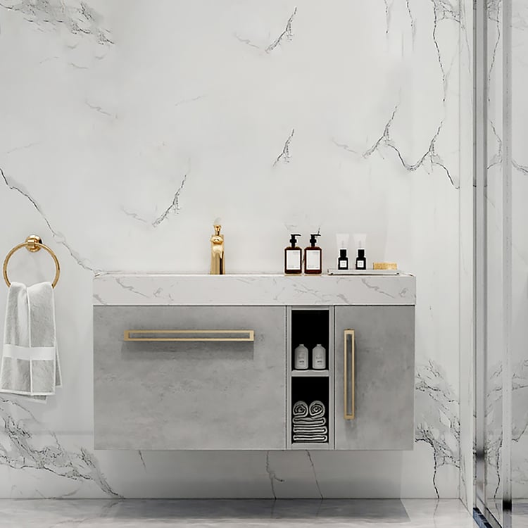 28" Gray Floating Bathroom Vanity Single Sink with Faux Marble Top ...