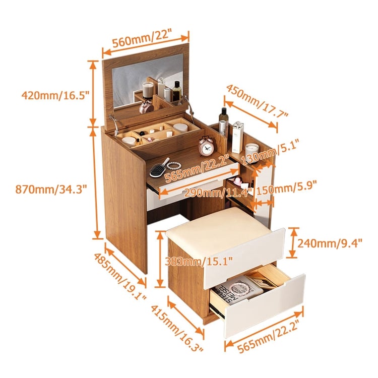 modern dressing table dimensions FUFU&GAGA White Modern Makeup Vanity Desk 9 Drawers Wood Dressing Table With 3 Mirrors, Hidden Storage Shelves, LED Lighted