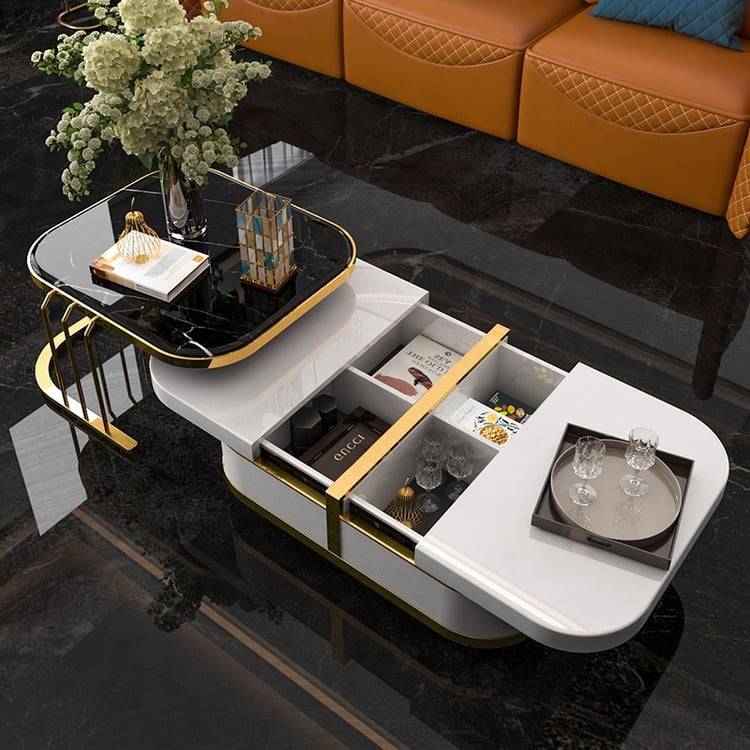 1050mm Nesting Coffee Table with Hidden Storage Black Faux Marble Top ...