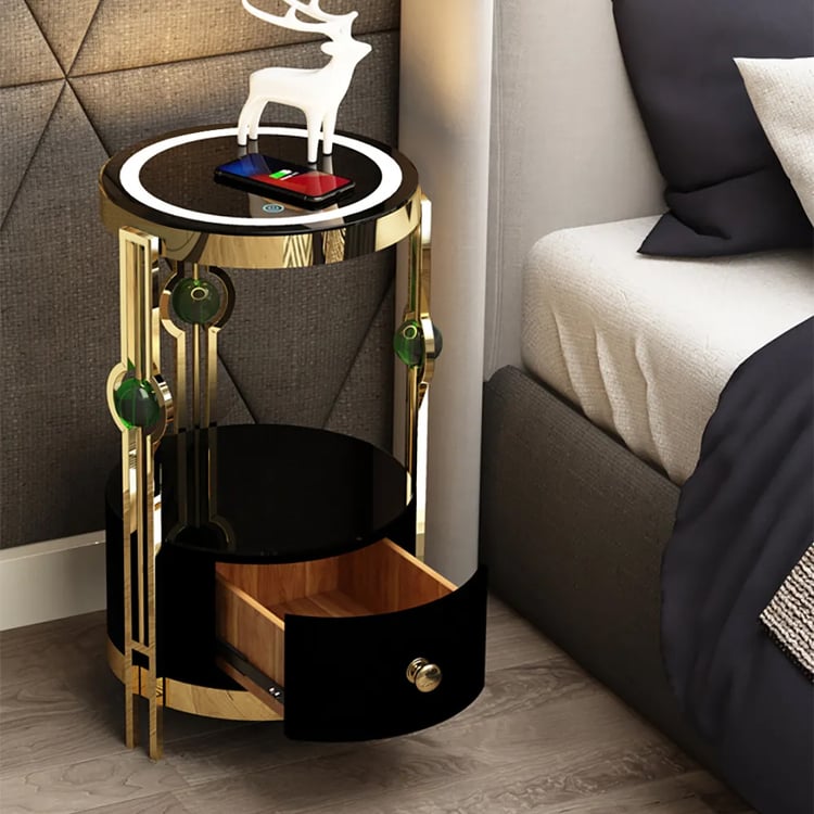 Modern Nightstand with LED Light Bedside Table with Wireless Charging & USB Port