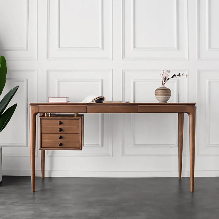 Mid-century Style Walnut Ash Wood Home Office Desk with 3 Drawers (55.1")