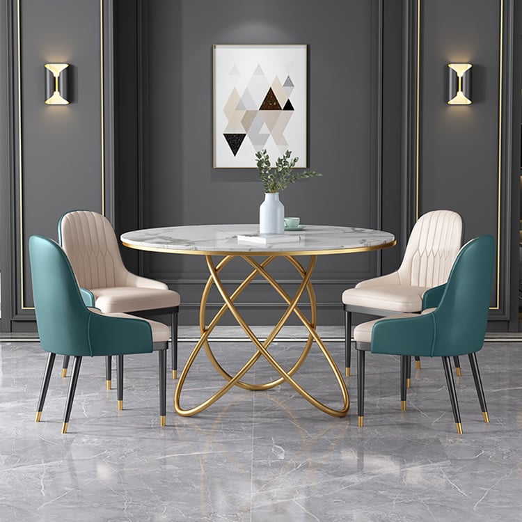 47.2"Modern White Round Dining Table with Marble Top & Metal Trestle｜Homary