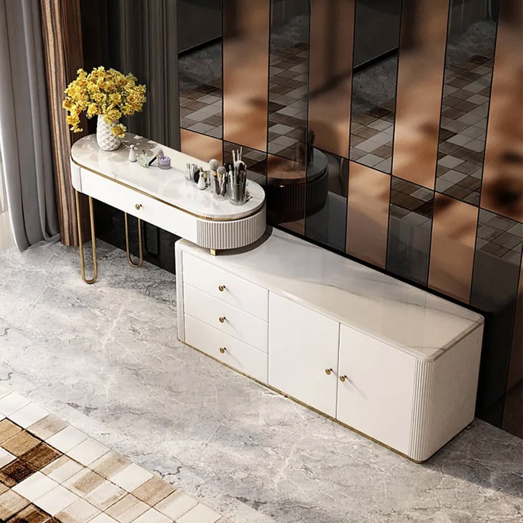 Oboval Modern Marble Top Makeup Vanity Dressing Table with Corner Cabinet Homary