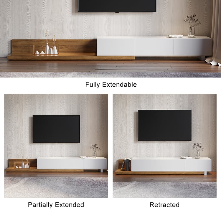 Extendable Floor White & Walnut TV Stand with 3 Drawers