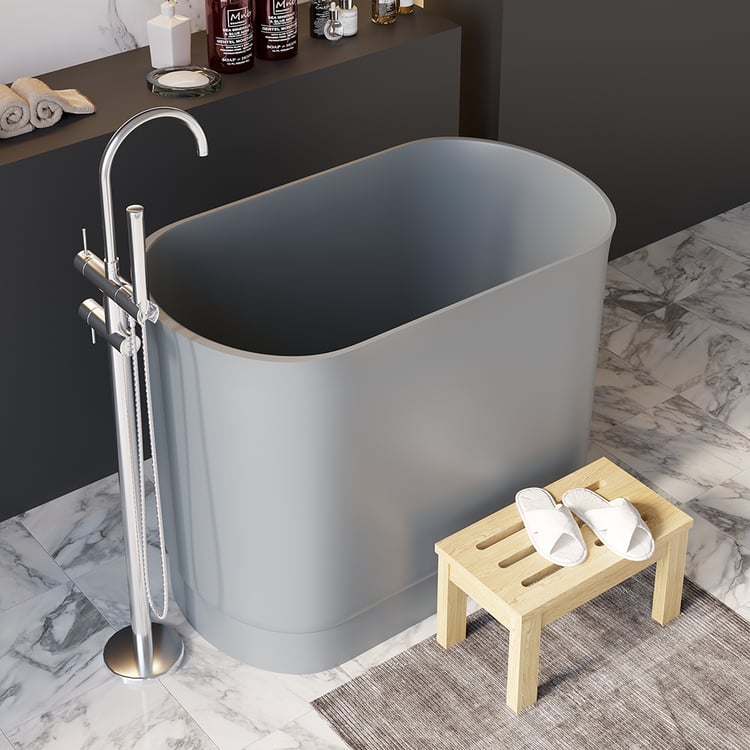 40 „moderne tiefe ovale freistehende matte graue Steinharz japanische Badewanne|Homary DE