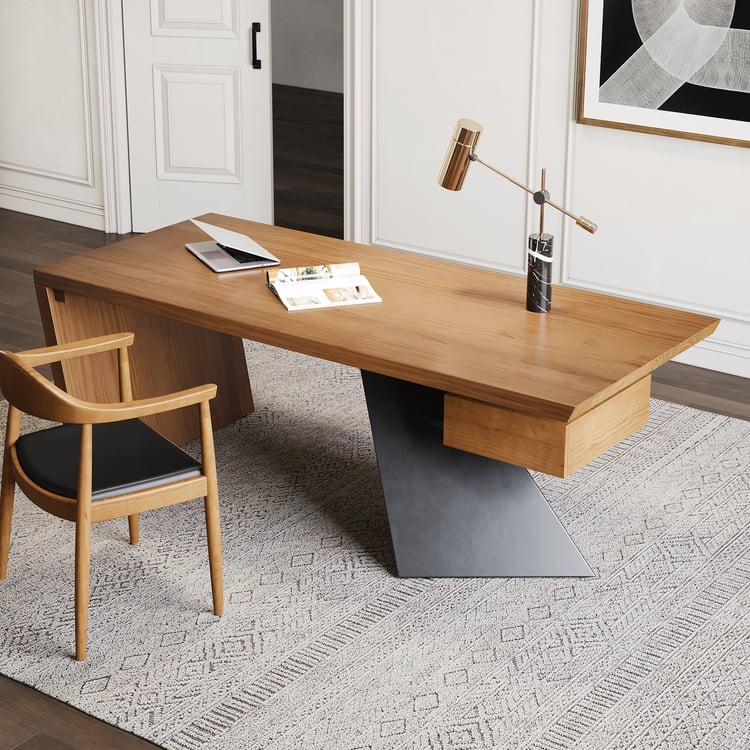 オフィス2019 Modern pine wood straight desk with drawer, 180 cm executive