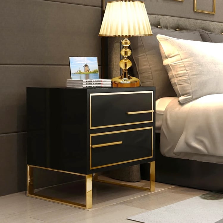 Modern Black Bedside Table Lacquered 2-Drawer with Golden