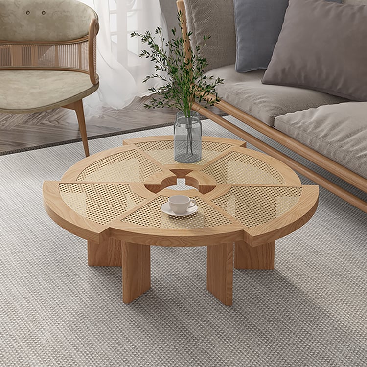800mm Japandi Wooden Coffee Table with Rattan Top Accent Table｜Homary