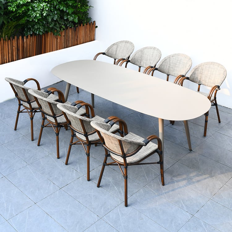 9-teiliges modernes, graues Outdoor-Ess-Set für 8 Personen mit Aluminiumplatte, Tisch und Stuhl