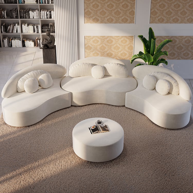 Modern 7 Seat Sectional Sofa Curved  Modular Beige Velvet Upholstered with Ottoman