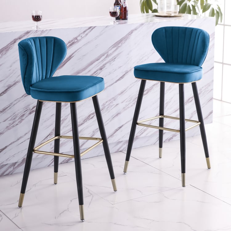 Modern Blue Velvet Breakfast Kitchen Bar Stools with Back Set of