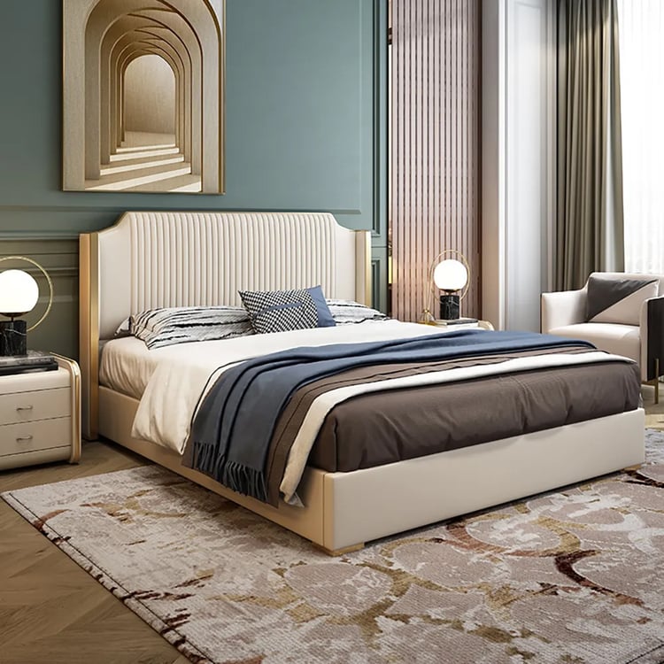 Queen Size Upholstered Wingback Bed Wooden Bed Frame with