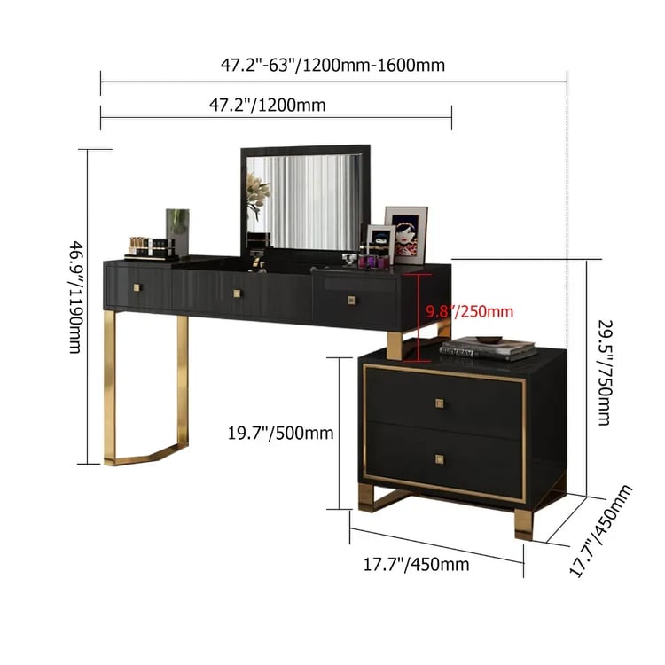 modern dressing table dimensions FUFU&GAGA White Modern Makeup Vanity Desk 9 Drawers Wood Dressing Table With 3 Mirrors, Hidden Storage Shelves, LED Lighted