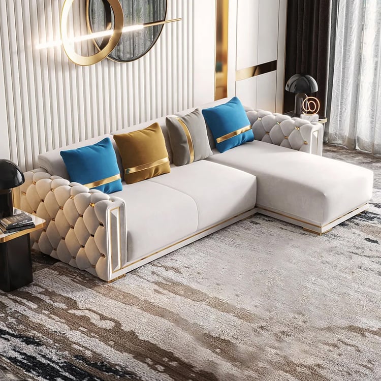 2800mm Modern Beige Velvet Modular L Shape Sectional Sofa with Chaise Tufted Armrest Homary UK