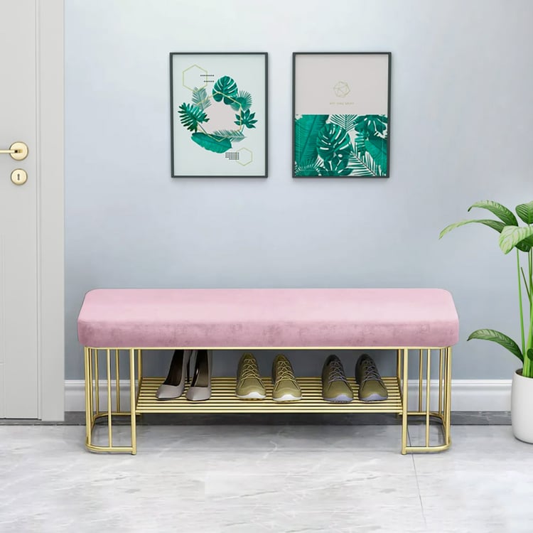 Modern Pink Storage Bench Entryway Bench Velvet Upholstered with Golden ...