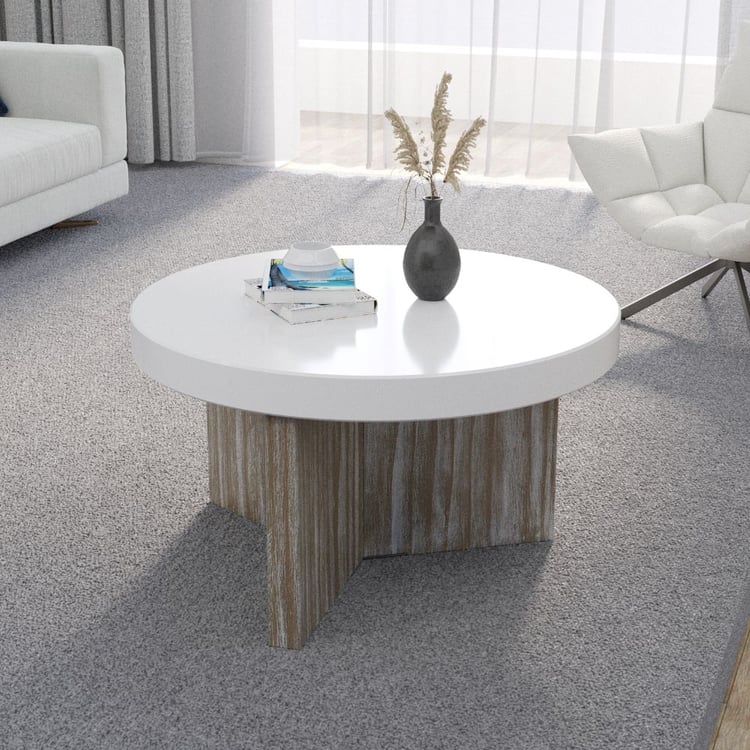 800mm Japandi Round Pine Wood Coffee Table in White with Rustic