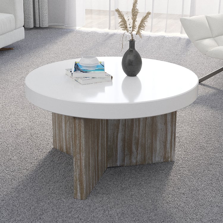 800mm Japandi Round Pine Wood Coffee Table in White with Rustic