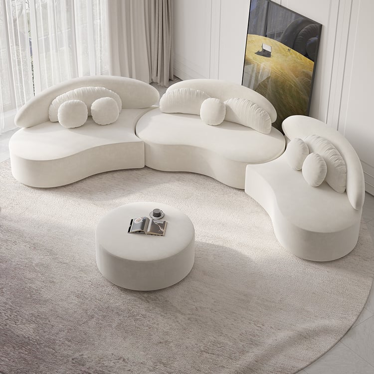 Modern 7 Seat Sectional Sofa Curved  Modular Beige Velvet Upholstered with Ottoman