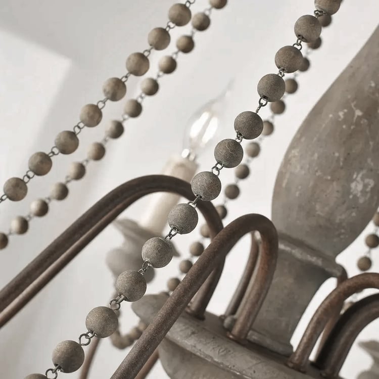 French Country Candle-Style 6-Light Swag Wooden Bead Chandelier