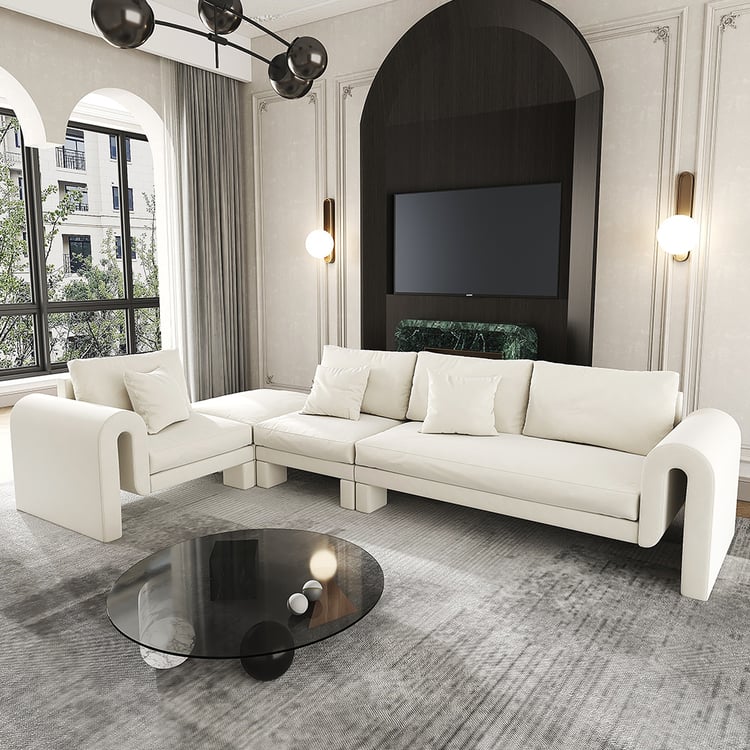 3600mm L-Shaped Modern White Velvet Modular Sectional Sofa with Ottoman ...