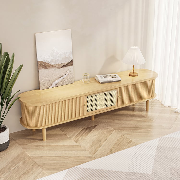 Ado✖︎ジョージア　スタンドパネル Japandi Oval Pine Wood Rattan TV Stand in Natural with