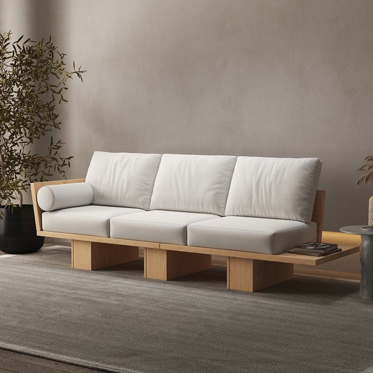 2460 mm natürliches modernes Holzsofa für 3-Sitzer-Polsterung aus Baumwolle und Leinen|Homary DE