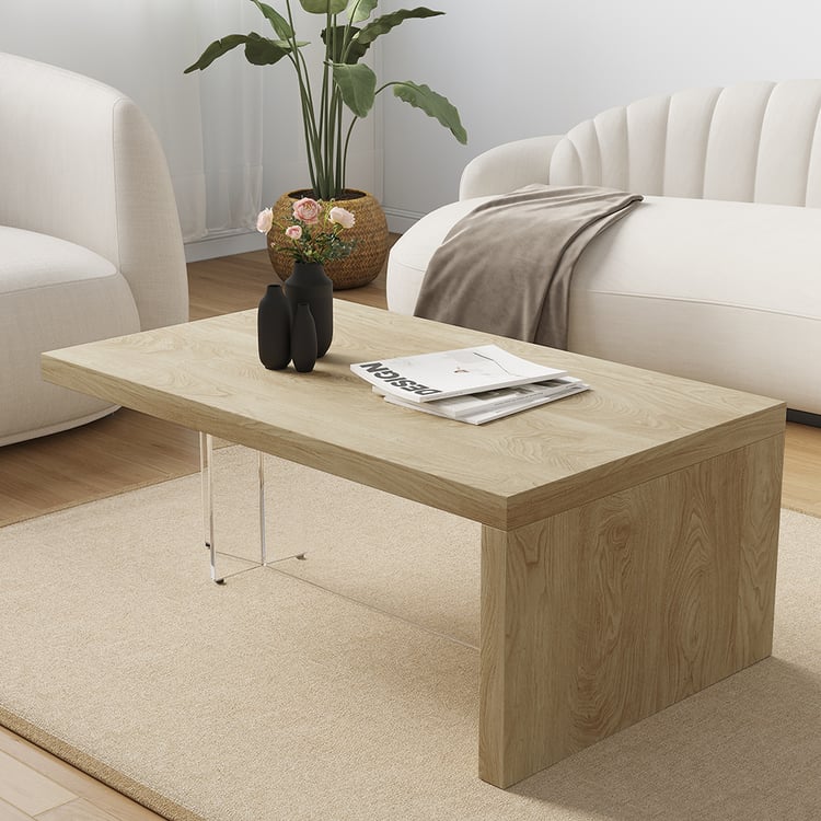Wasserfall-Couchtisch aus Acryl, rustikales massives Kiefernholz, rechteckig, L-Form|Homary DE