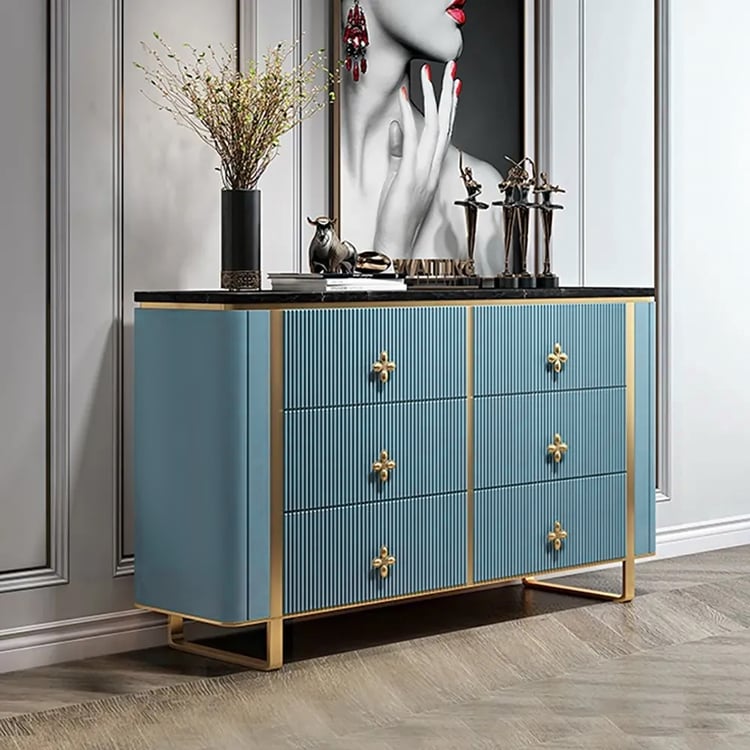 47" Modern Blue Dresser Faux Marble Top Cabinet with 6 Drawers in Gold Homary