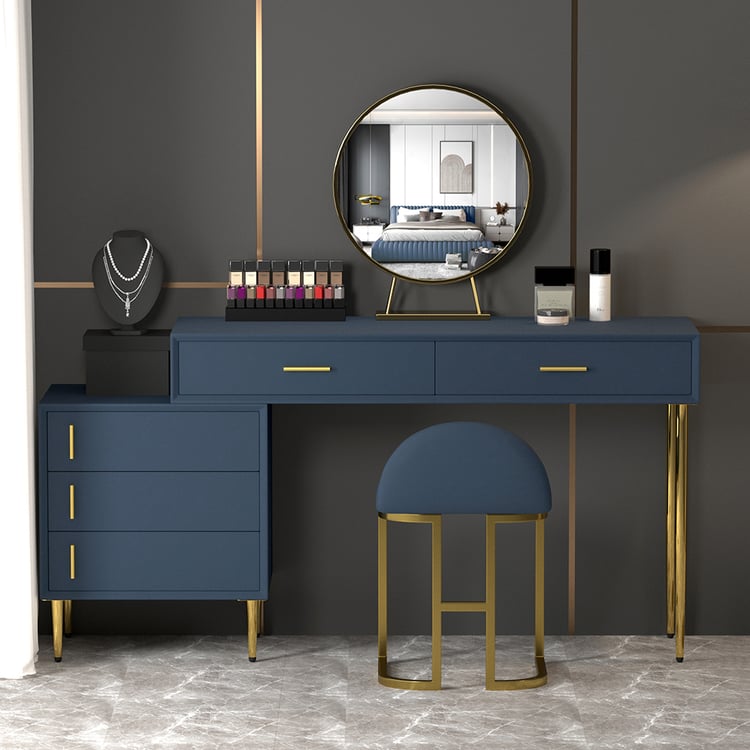 Modern Blue Makeup Vanity Set Retracted Dressing Table