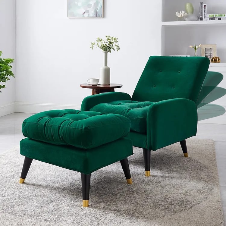 Gepolsterter Chaiselongue Sessel mit Ottomane und verstellbarer Rückenlehne, grüner Samt