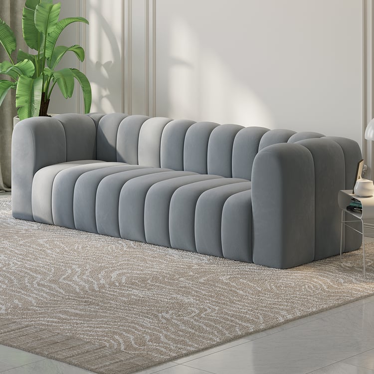 2230mm Modern Grey Velvet 3-Seater Sofa Channel Tufted