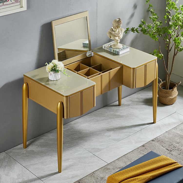 Modern Champagne Makeup Vanity with Flip Top Mirror Dressing Table with 2  Drawers Homary