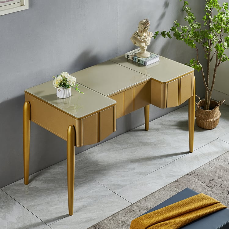 gold mirrored dressing table Modern Champagne Makeup Vanity with Flip Top Mirror with 2 Drawers ｜Homary Silk Satin Dresses
