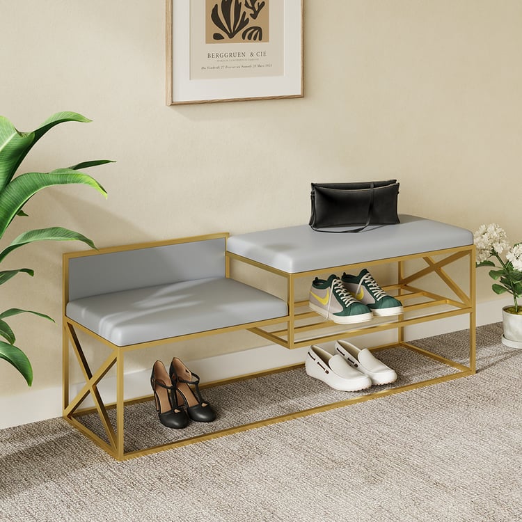 Grey Entry Bench Modern PU Leather Upholstered Hallway Bench Grey with Gold Legs|Homary
