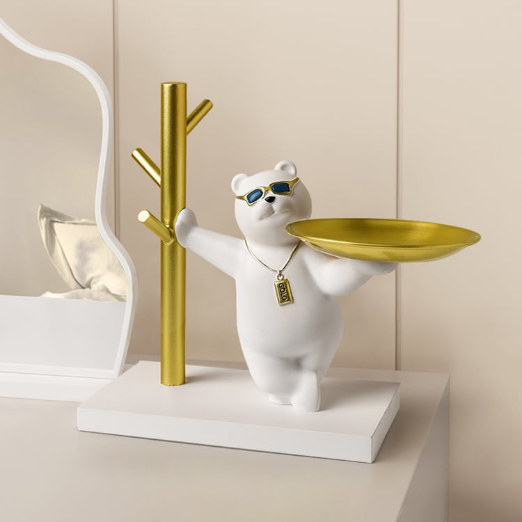 Modern White & Gold Resin Bear Decorative Storage Tray