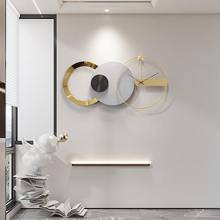 840mm x 450mm Large Round Grey & Gold Wall Clock with Wood