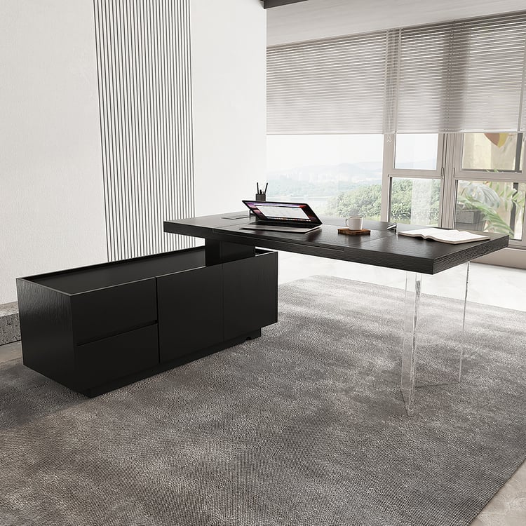 JOE WORKS 酒井型DL 1815mm Modern Black L-Shape Executive Desk with Side Cabinet