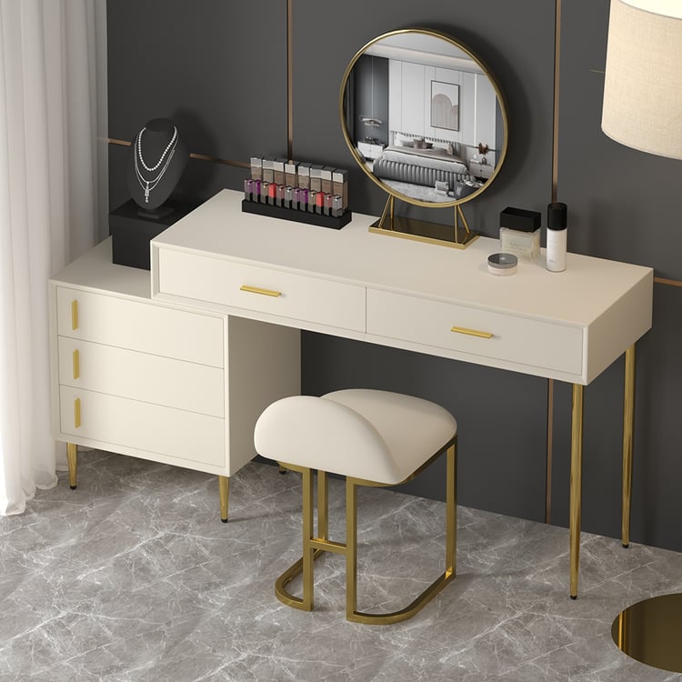 Modernes, ausziehbares weißes Schminkset mit Garderobe, Hocker und Spiegel｜Homary ES